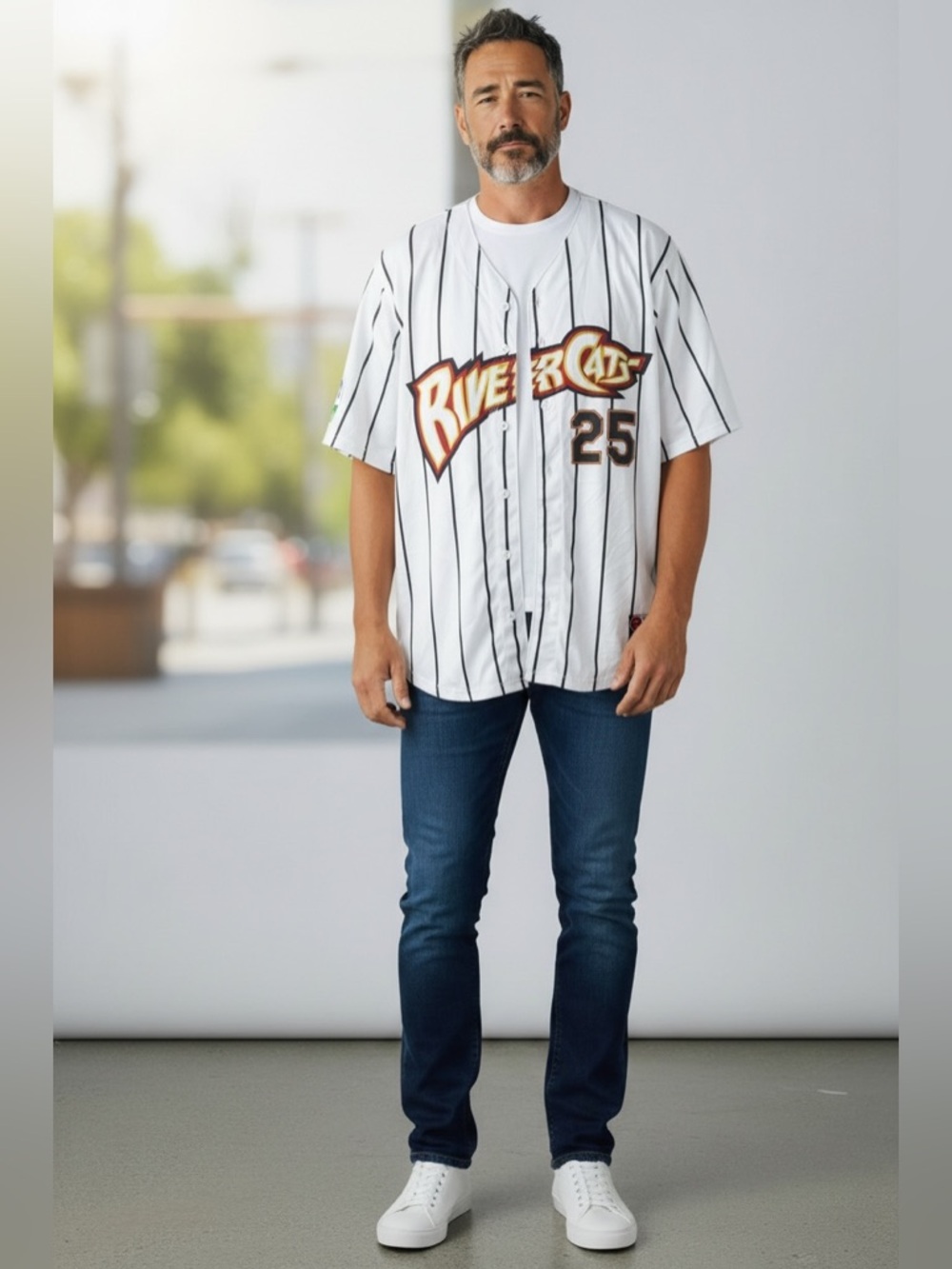 River Cats #25 White Pinstripe Baseball Jersey